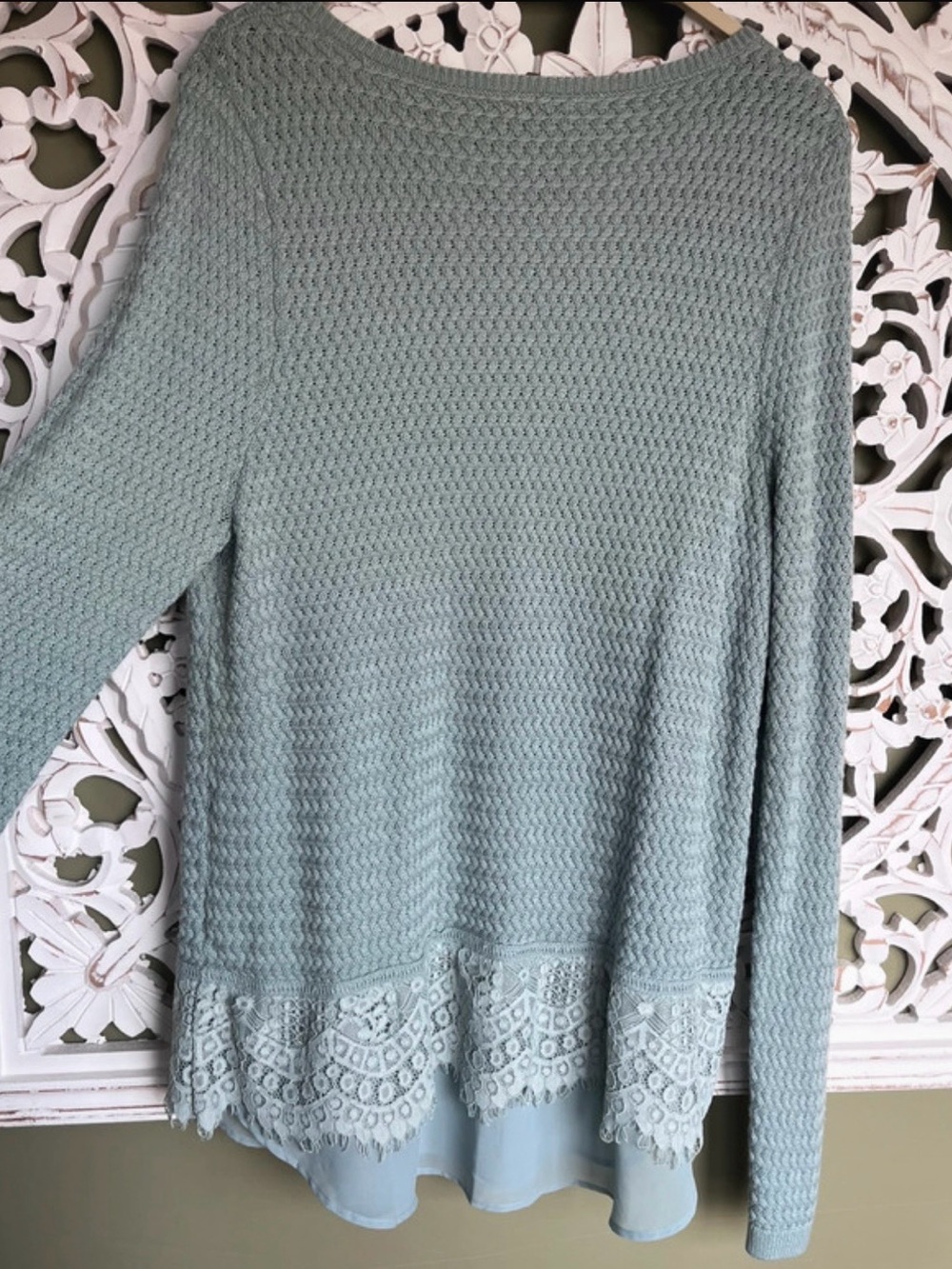 Lucky Brand Light Sage Crochet-Trim Crewneck Sweater
